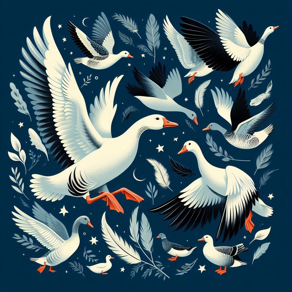 geese ducks feather and down flying on a blue background